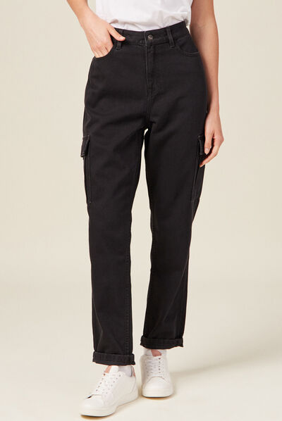 Jeans cargo taille haute denim noir femme