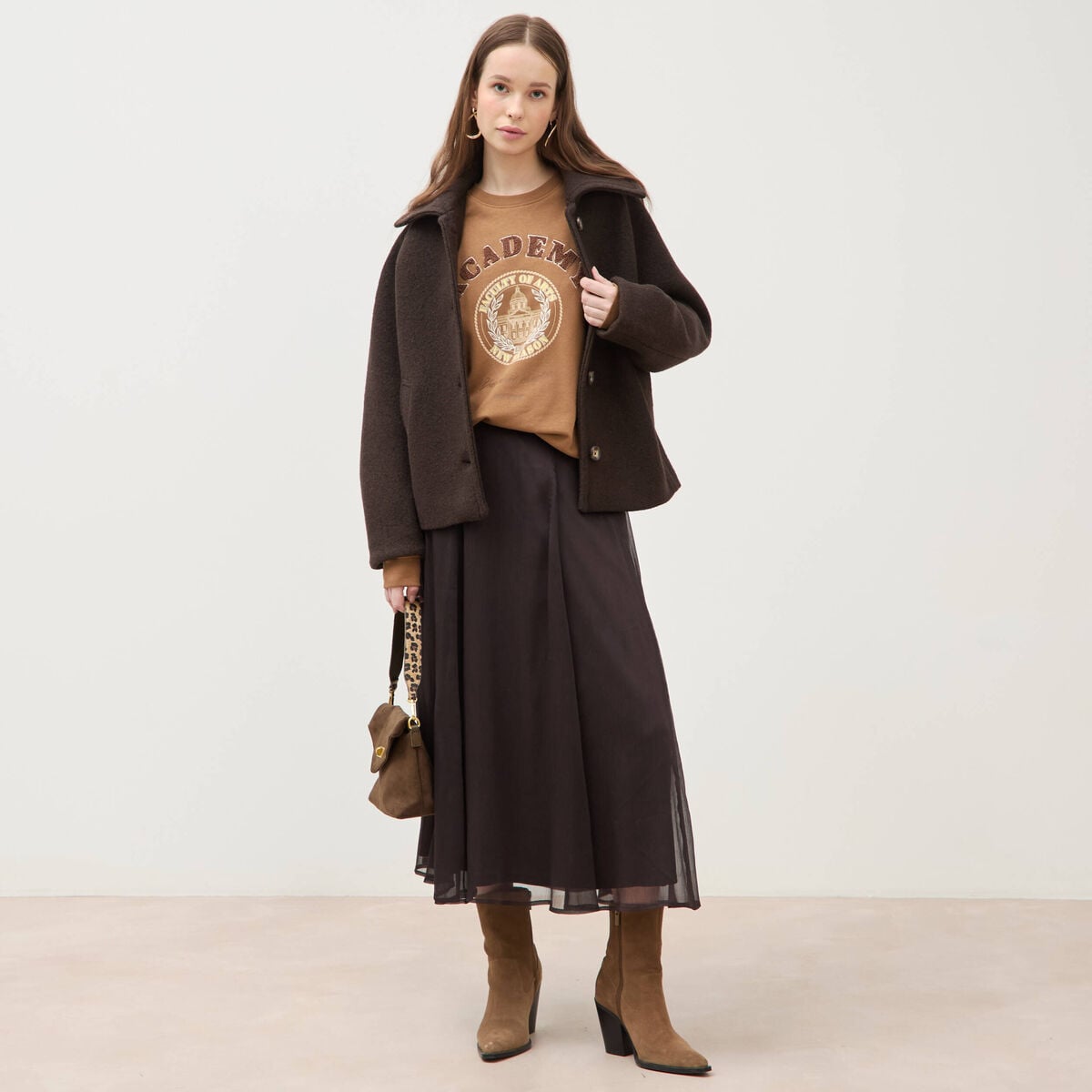 Sweat col rond manches longues marron femme
