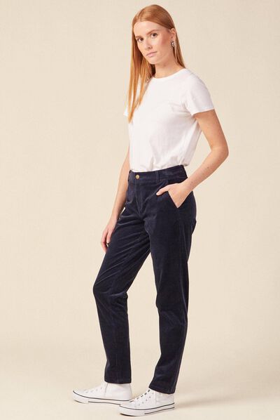 Pantalon chino velours côtelé bleu marine femme