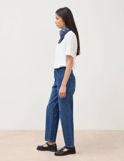 Jeans straight taille haute broderie bleu clair femme