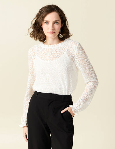 T-shirt manches longues broderie ecru femme