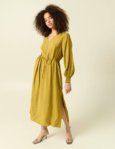 Robe longue droite col v manches longues vert olive femme