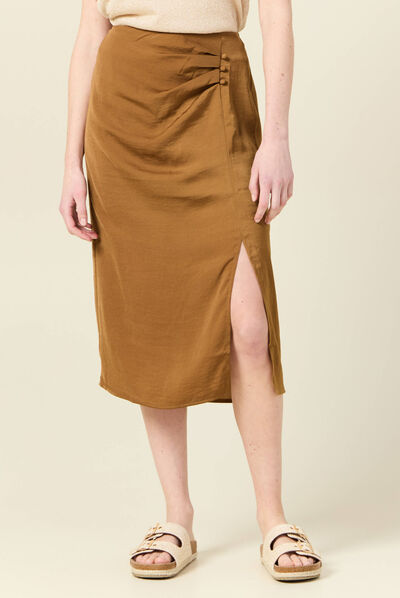 Jupe midi droite fendue marron femme