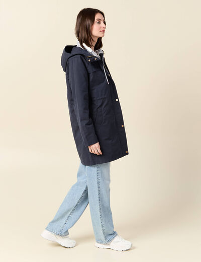 Parka longue à capuche bleu foncé femme