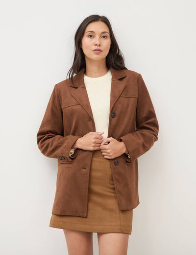 Blazer col tailleur manches longues marron fonc&eacute; femme