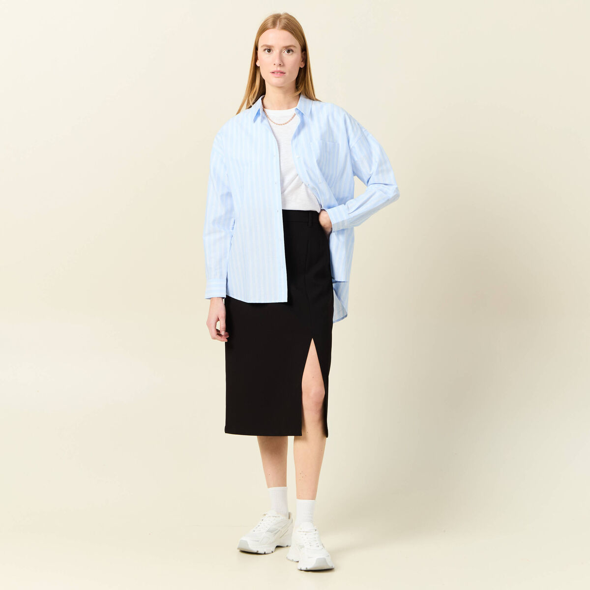 Jupe midi droite fendue noir femme