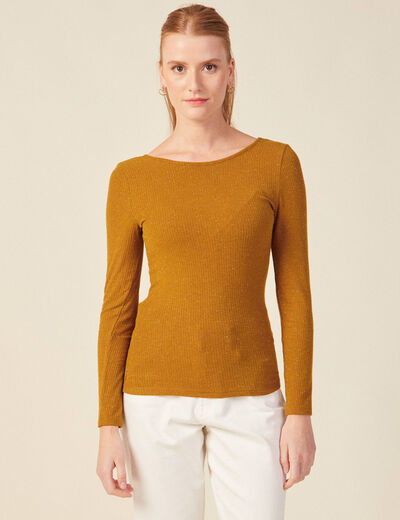 T-shirt manches longues brillant marron cognac femme