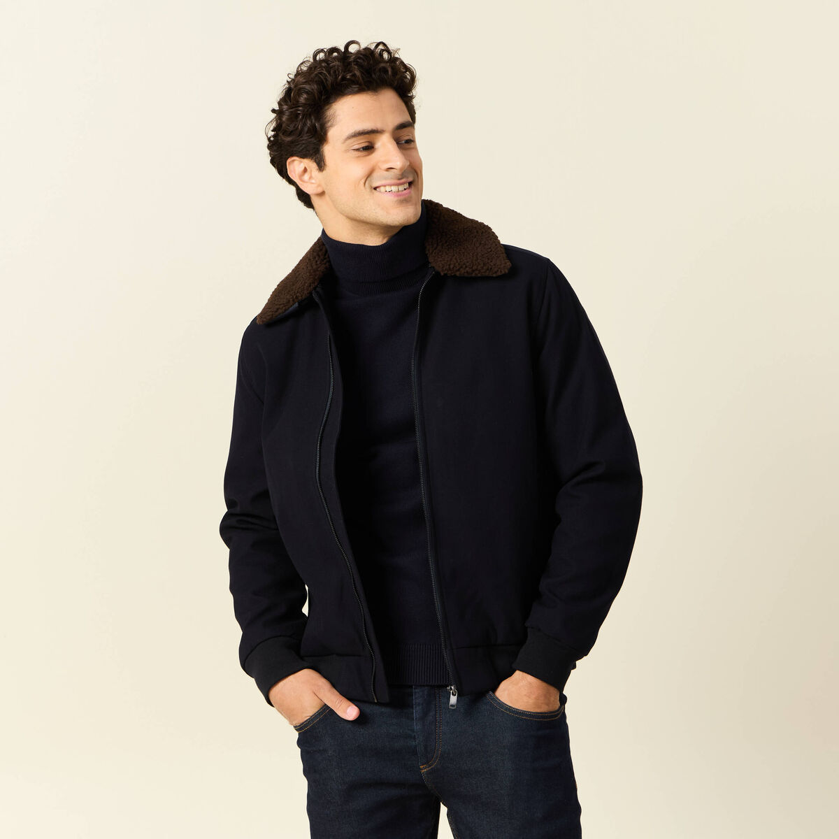 Blouson col aviateur zipp&eacute; bleu marine homme