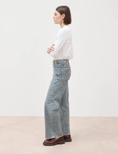 Pantalon large &agrave; pont taille haute denim used femme