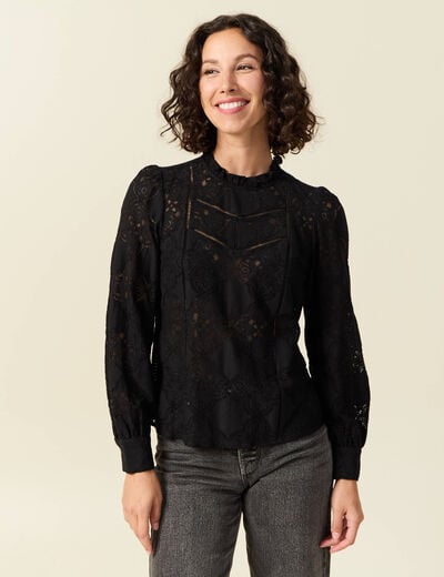 Blouse cintr&eacute;e dentelle manches longues noir femme