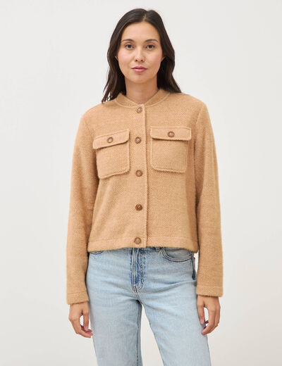 Gilet droit manches longues col mao camel femme
