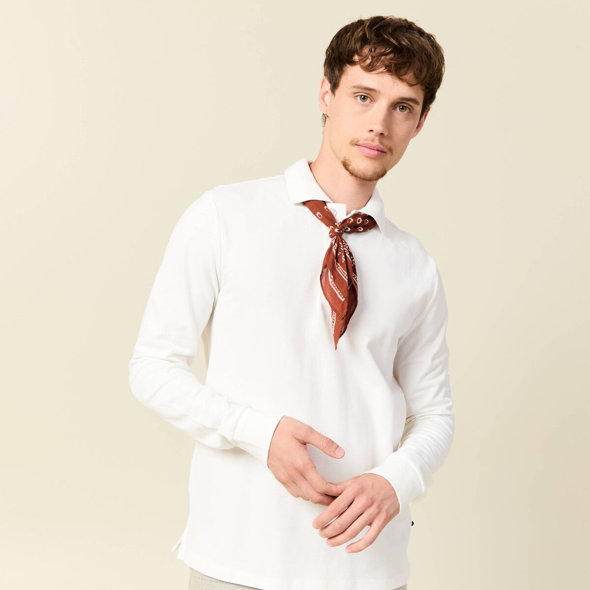 Polo manches longues en coton ecru homme