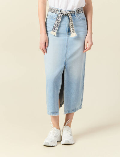 Jupe longue droite en jean denim bleach femme