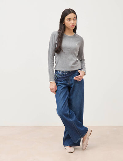 Pull fin col rond manches longues gris clair femme
