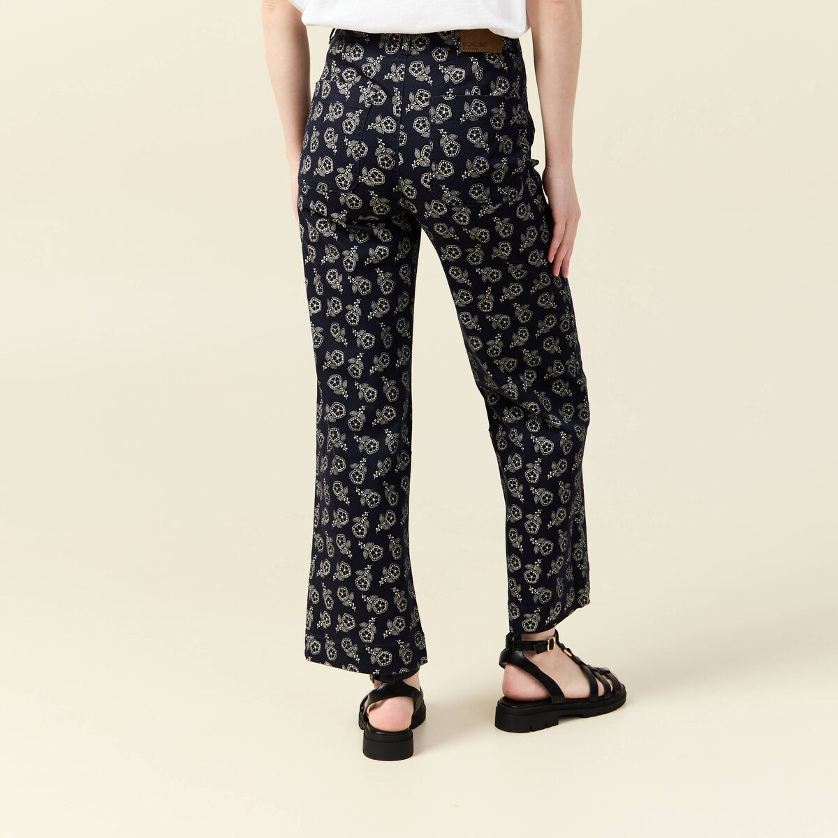 Pantalon large cropped taille haute bleu marine femme