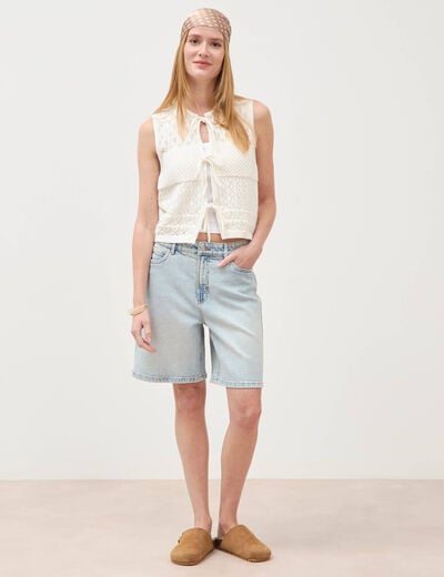 Gilet ajour&eacute; droit court sans manches creme femme