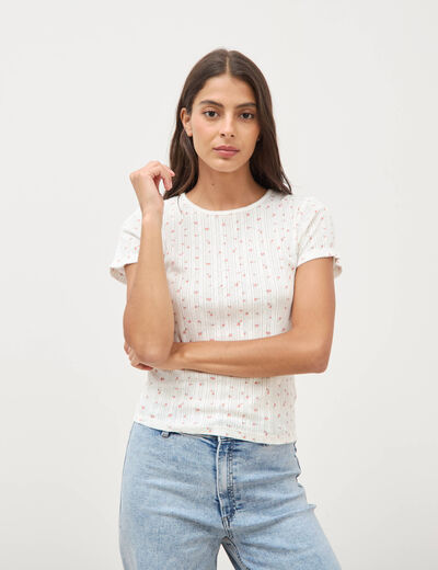T-shirt ajust&eacute; col rond manches courtes ivoire femme