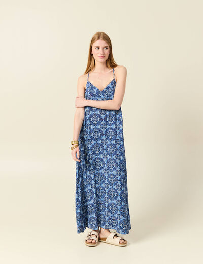Robe longue évasée fluide bleu femme