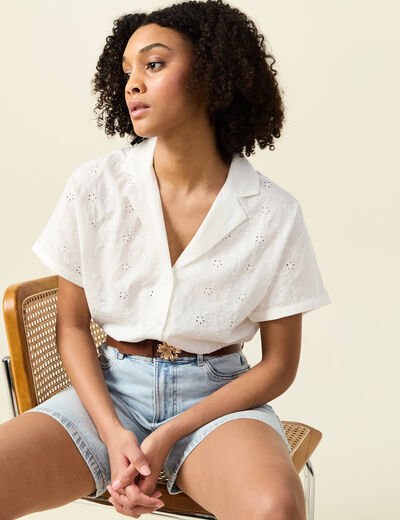 Chemise manches courtes brodée ecru femme