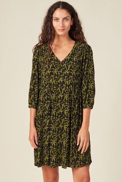 Robe évasée manches 3/4 vert kaki femme