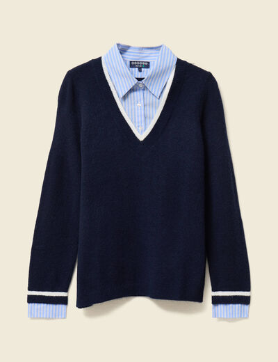 Pull manches longues 2-en-1 bleu foncé femme