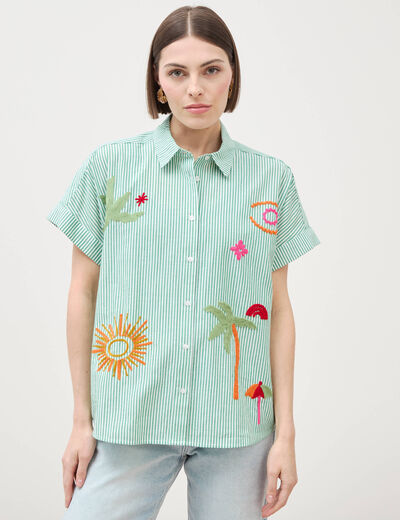 Chemise ample en coton &agrave; broderie vert femme