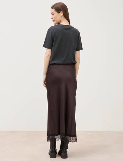 Jupe droite longue satin&eacute;e marron fonc&eacute; femme