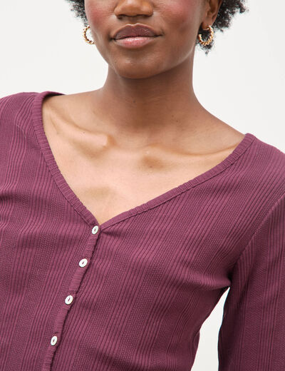T-shirt col v manches longues ajust&eacute; prune femme