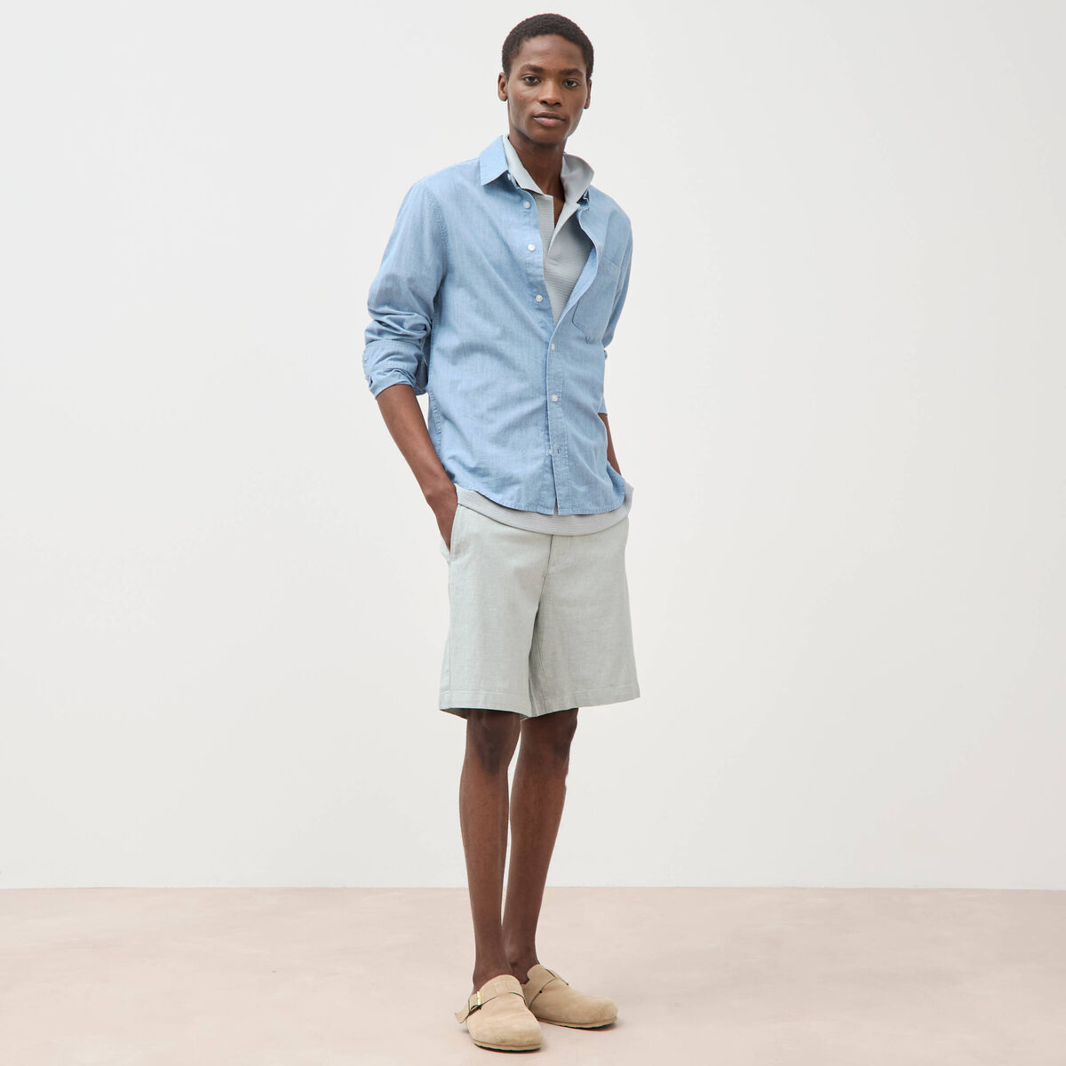 Polo manches courtes col cubain gris clair homme