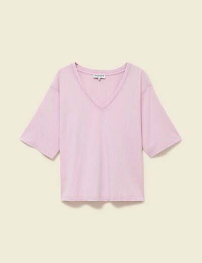 T-shirt col v manches courtes en coton parme femme