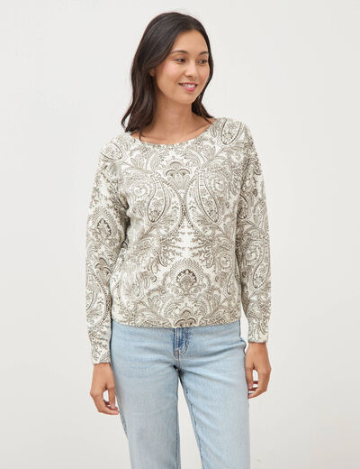 Pull manches longues col bateau vert kaki femme