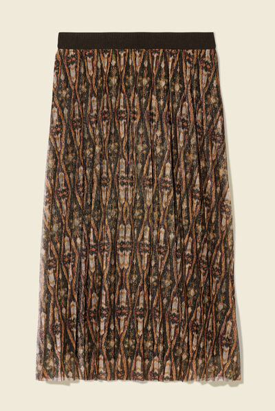 Jupe longue évasée plissée camel femme