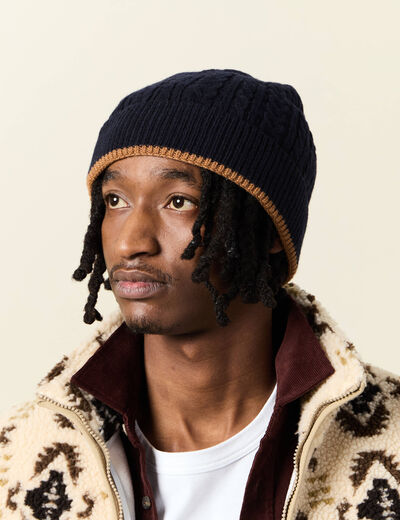 Bonnet avec torsades fabriqué en France bleu marine homme