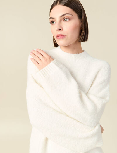 Pull manches longues col montant ivoire femme