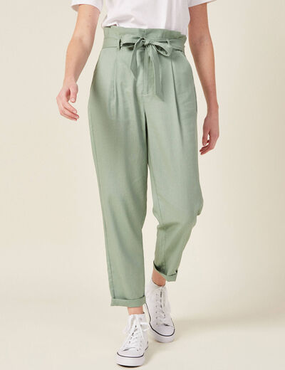 Pantalon carotte ceinturé vert olive femme