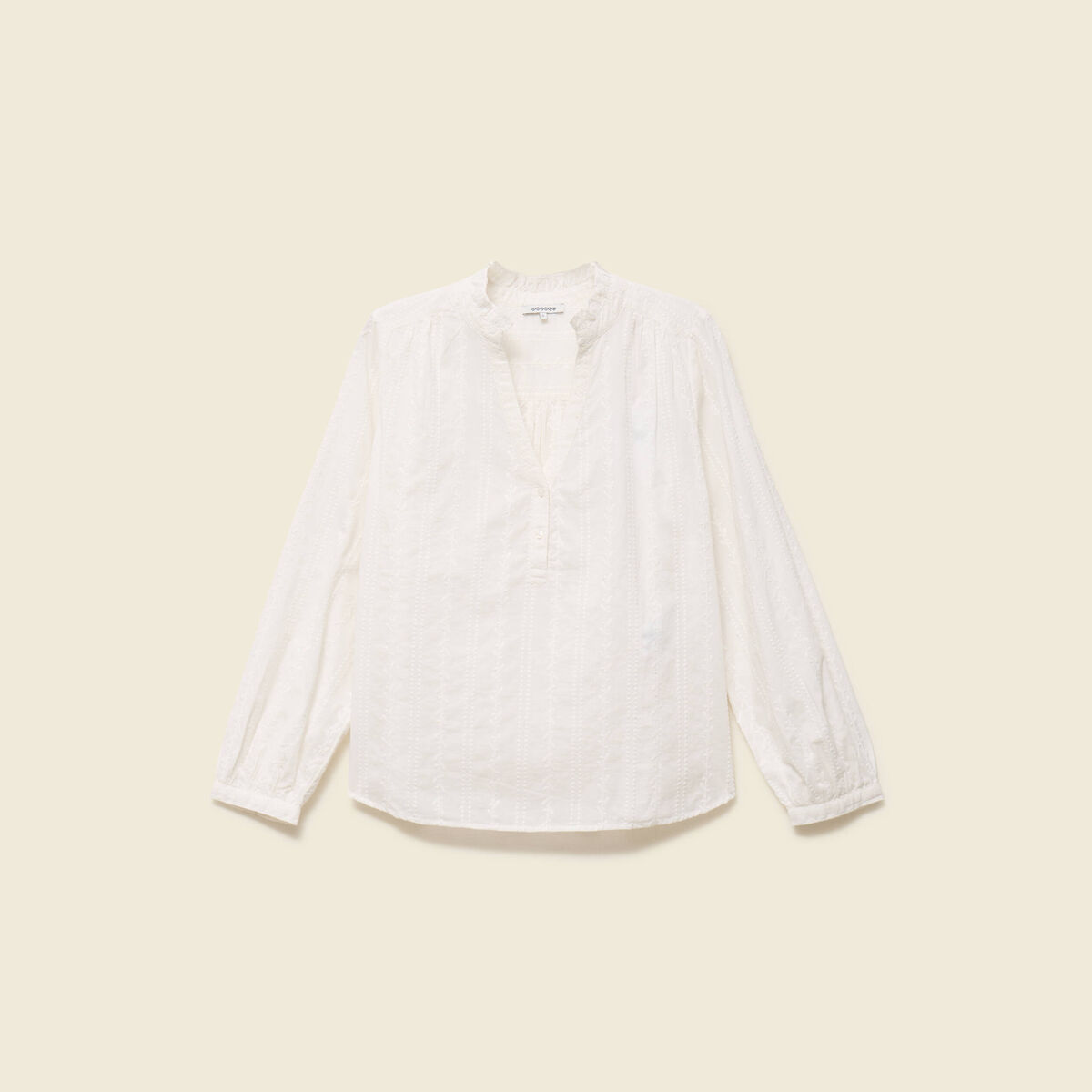 Blouse col mao manches longues en coton ecru femme