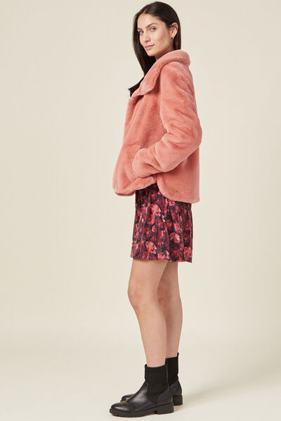 Manteau droit fausse fourrure rouge clair femme