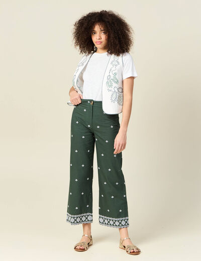 Pantalon large brodé vert kaki femme