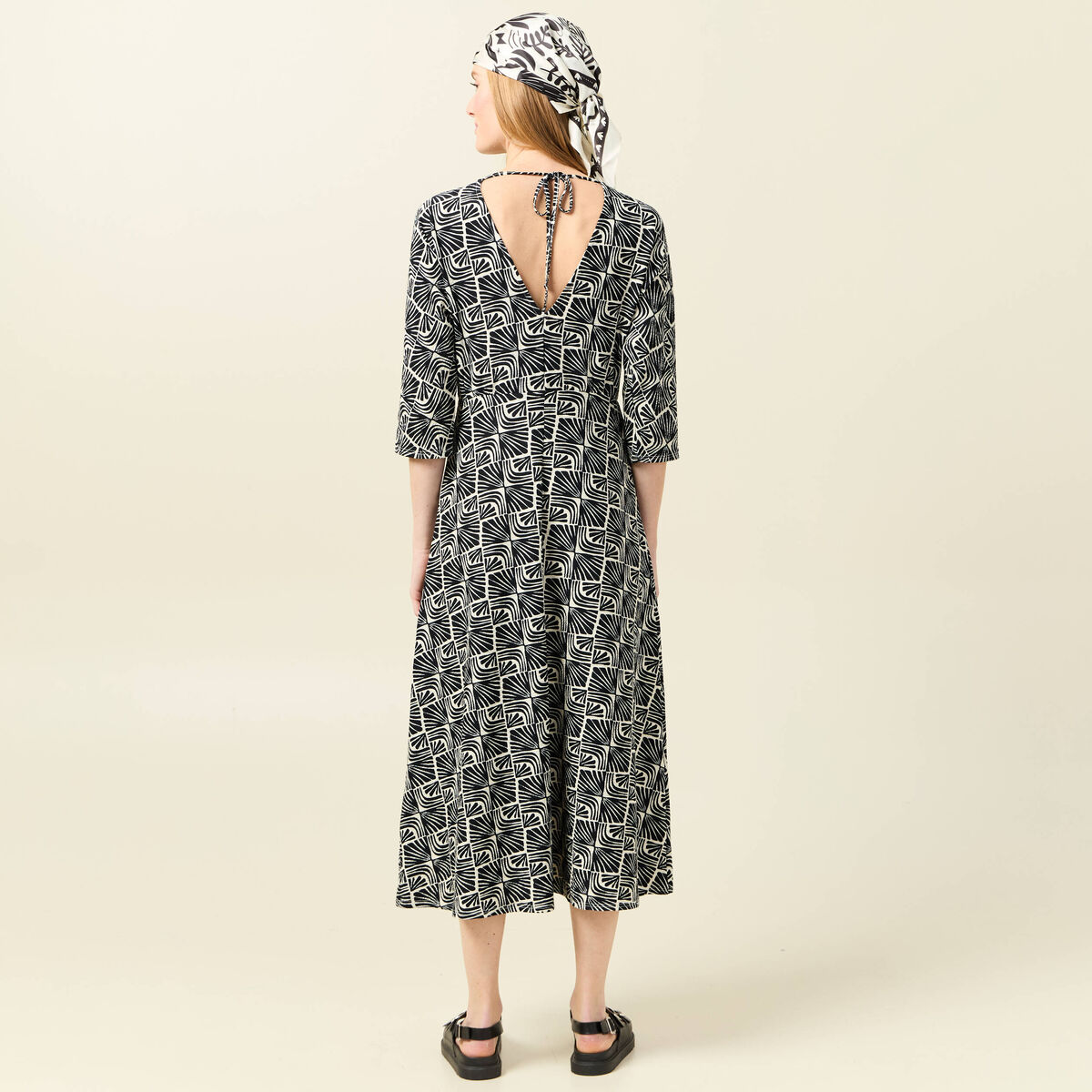 Robe midi droite manches 3/4 creme femme