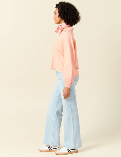 Sweat manches longues col polo rose saumon femme