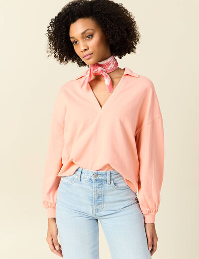 Sweat manches longues col polo rose saumon femme