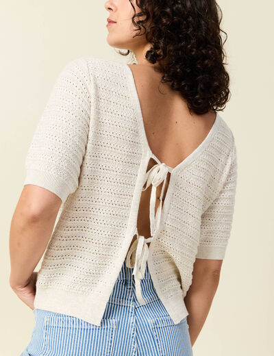 Gilet manches courtes ajouré creme femme