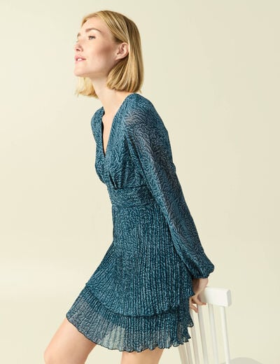 Robe &eacute;vas&eacute;e bas pliss&eacute; bleu canard femme