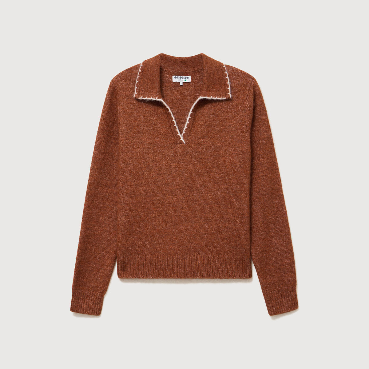 Pull droit col polo manches longues marron cognac femme