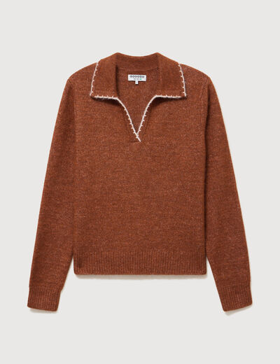 Pull droit col polo manches longues marron cognac femme