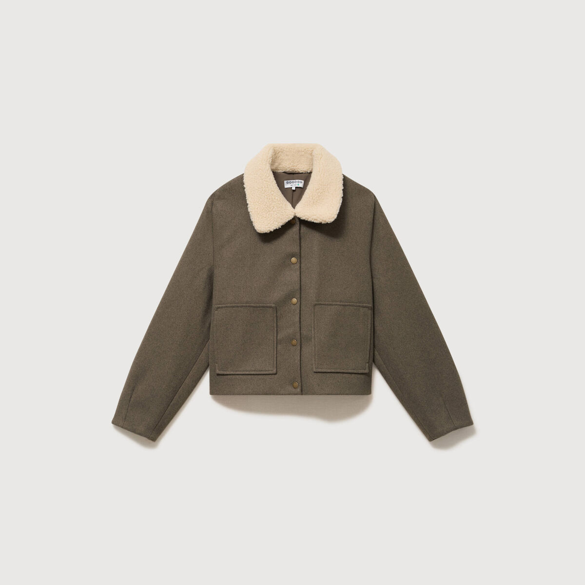 Blouson court oversize col sherpa vert kaki femme