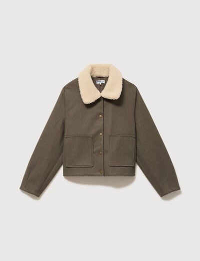 Blouson court oversize col sherpa vert kaki femme