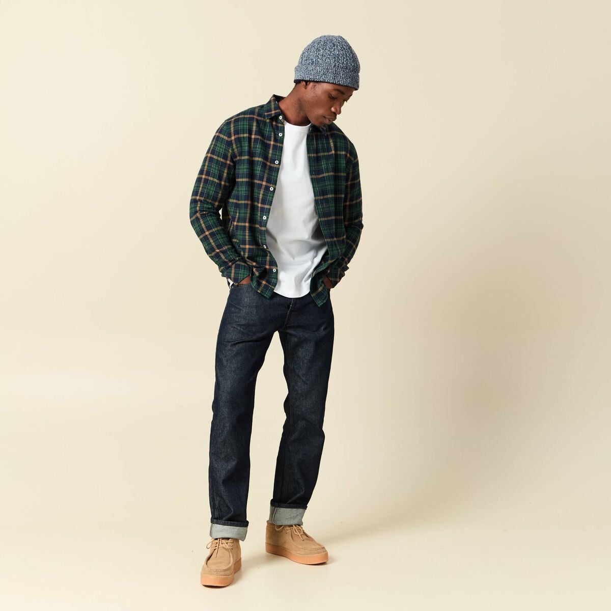 Chemise manches longues en coton bleu marine homme