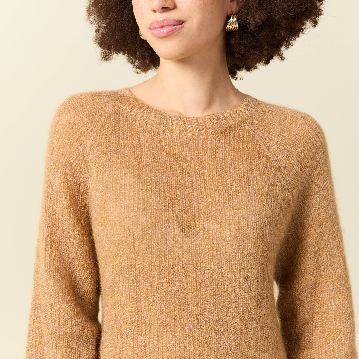 Pull manches longues col rond camel femme