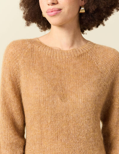 Pull manches longues col rond camel femme